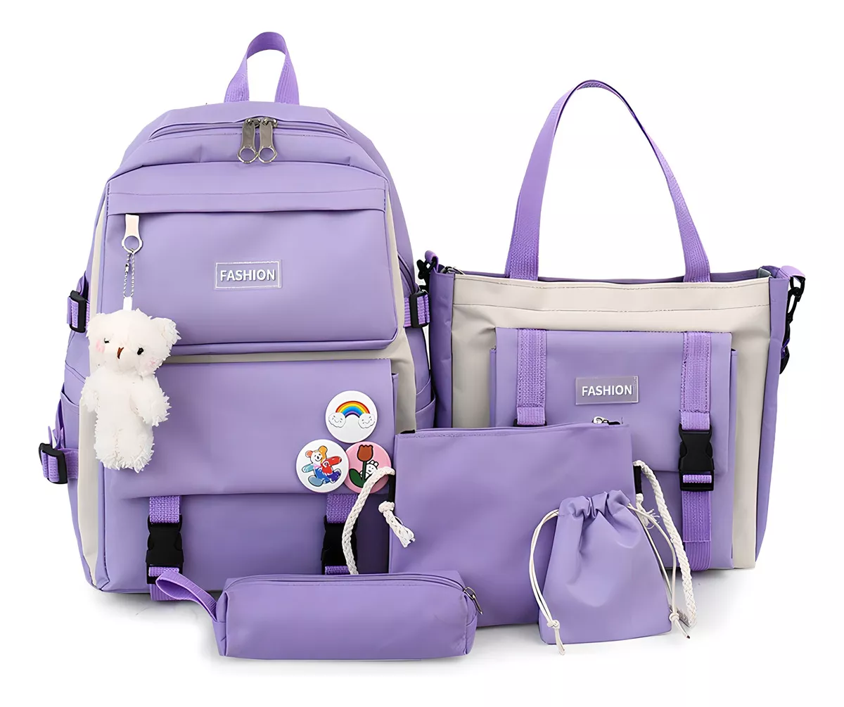 Set 5 Mochila Bolsas Escolar Estudiante Lapicera Tote Lona Color Violeta