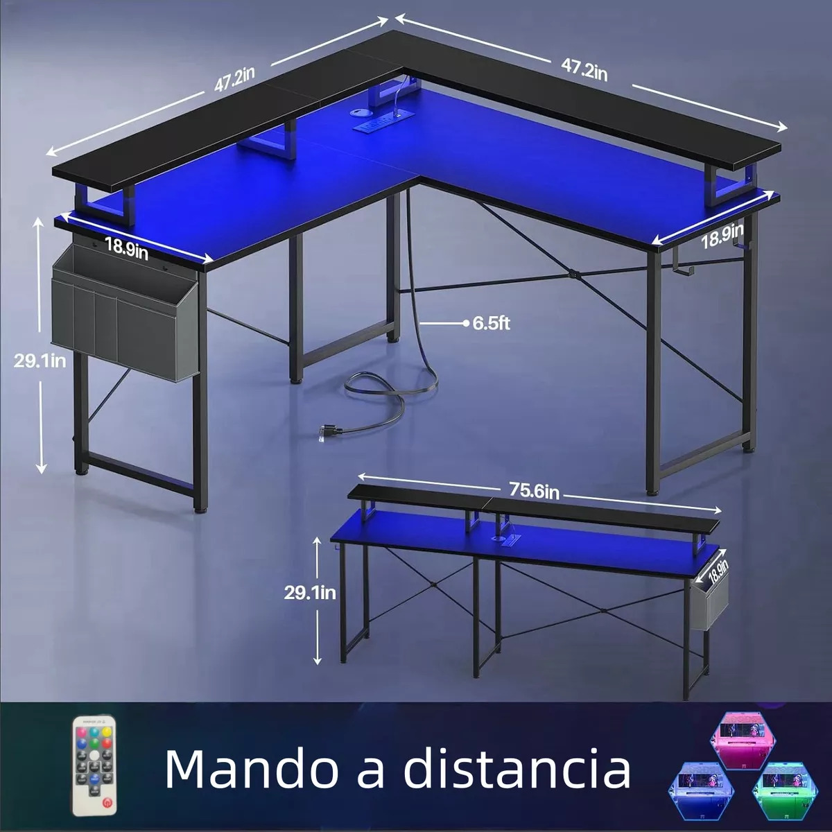 Escritorio En Forma De L Con Estante Led Y Toma Corriente