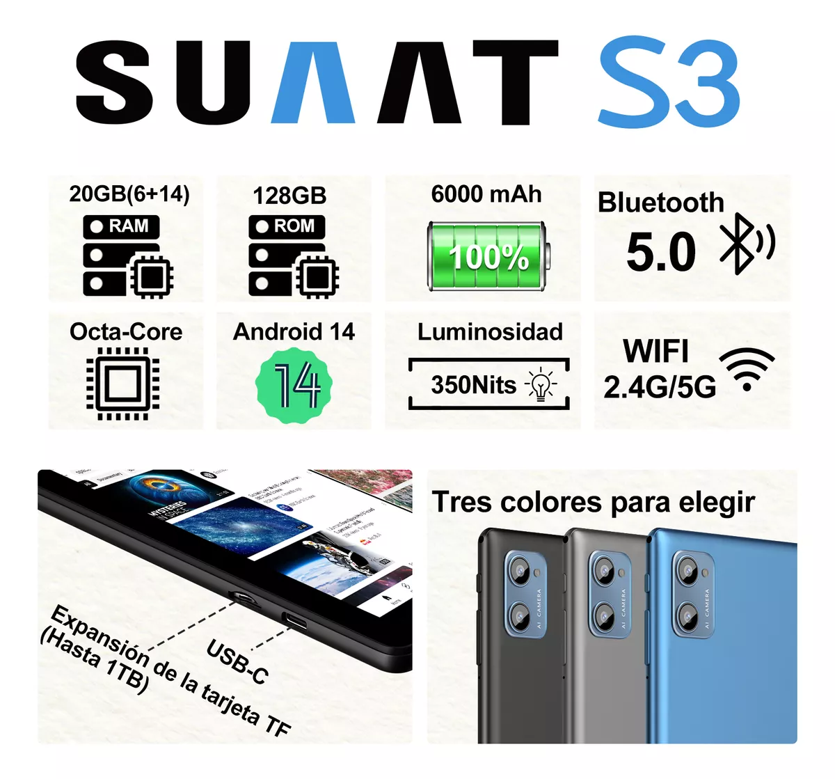 Tablet 20+128gb Android 14 Octa-core Wifi 5g Con Funda Mouse