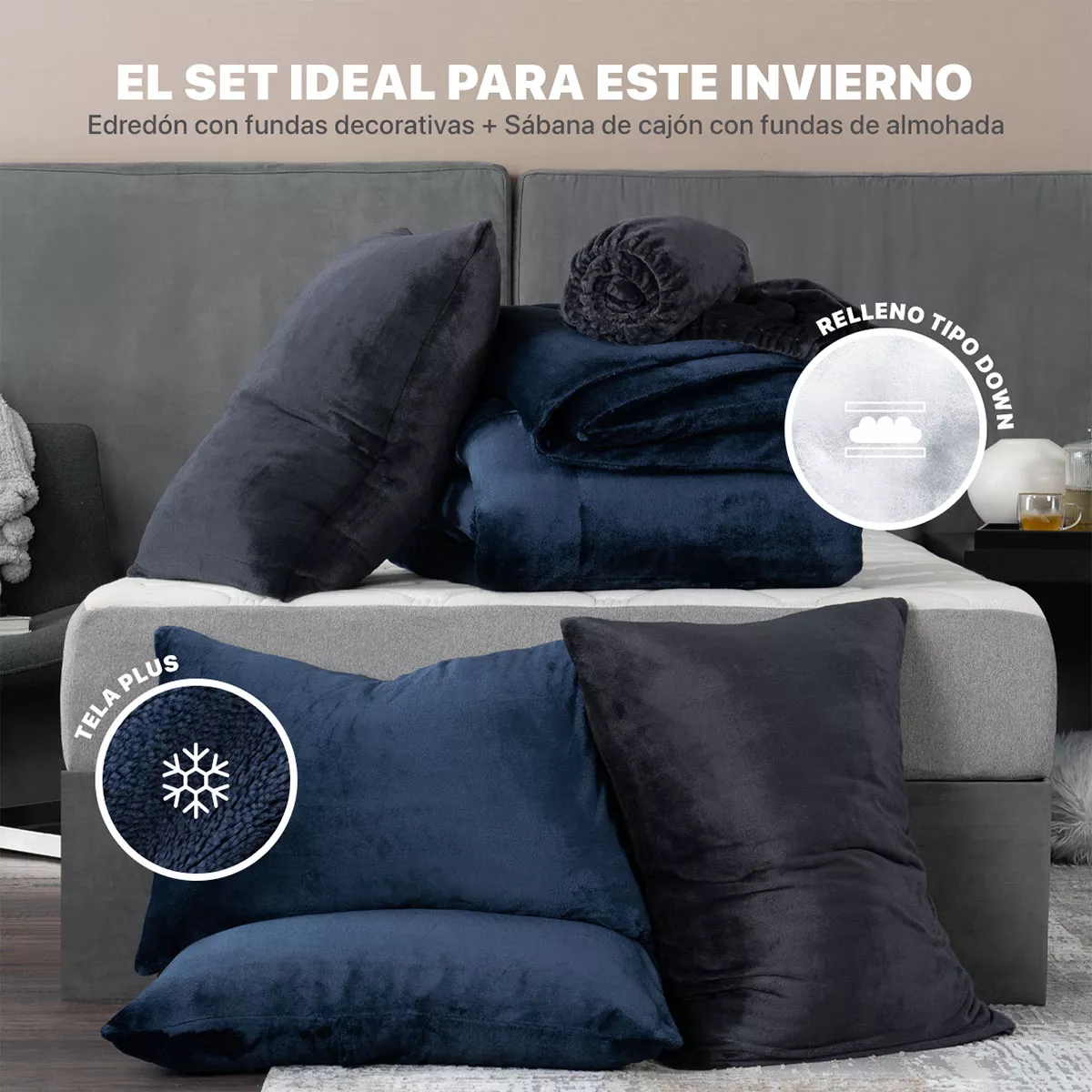 Set Edredón Invernal King Size Esquimal + Fundas De Almohada + Sábana De Cajón, Azul Marino-gris Oscuro