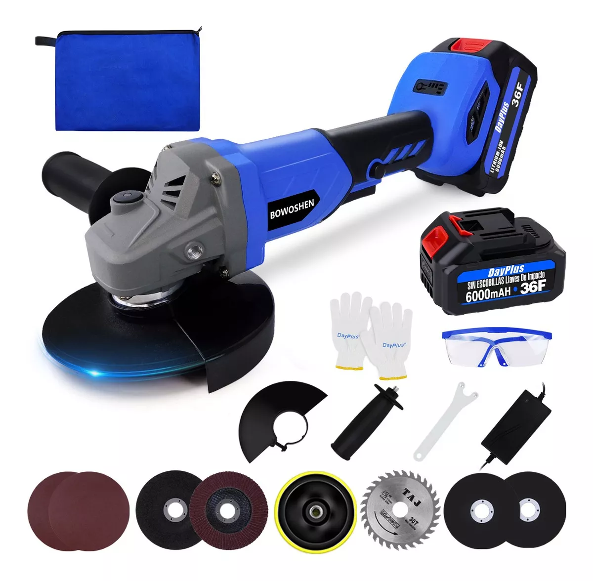 Esmeriladora Angular Eléctrica Inalámbrica Con 2 Baterías De 6000mAh Para Cortar y Mole BOWOSHEN, Amoladora Inalámbrica De Motor Sin Escobillas De 10000 Rpm Con Mango Antideslizante Portátil