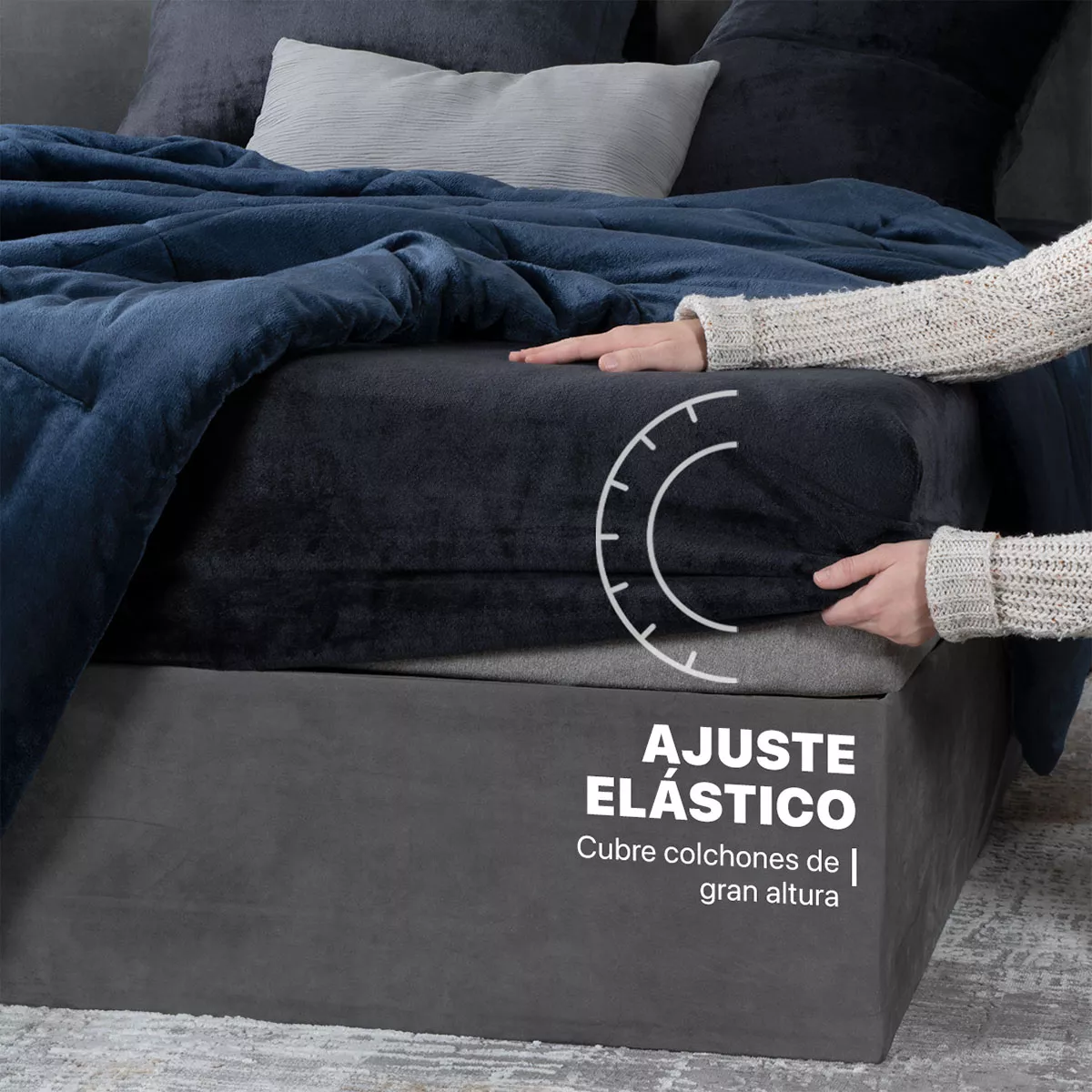 Set Edredón Invernal King Size Esquimal + Fundas De Almohada + Sábana De Cajón, Azul Marino-gris Oscuro