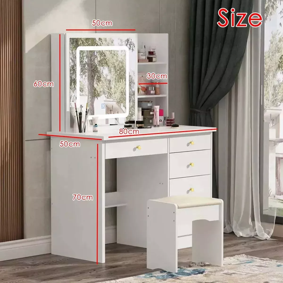 Tocador Vanity Multifuncional Moderno Con Espejo Led Y Banco