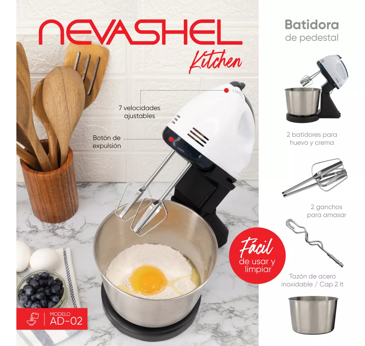 Batidora de Pedestal Profesional Nevashel AD-02 260W para Cocina Color Negro Frecuencia 60Hz Ideal para Mezclas Postres y Panadería Potente Compacta y Duradera Fácil de Usar y Limpiar