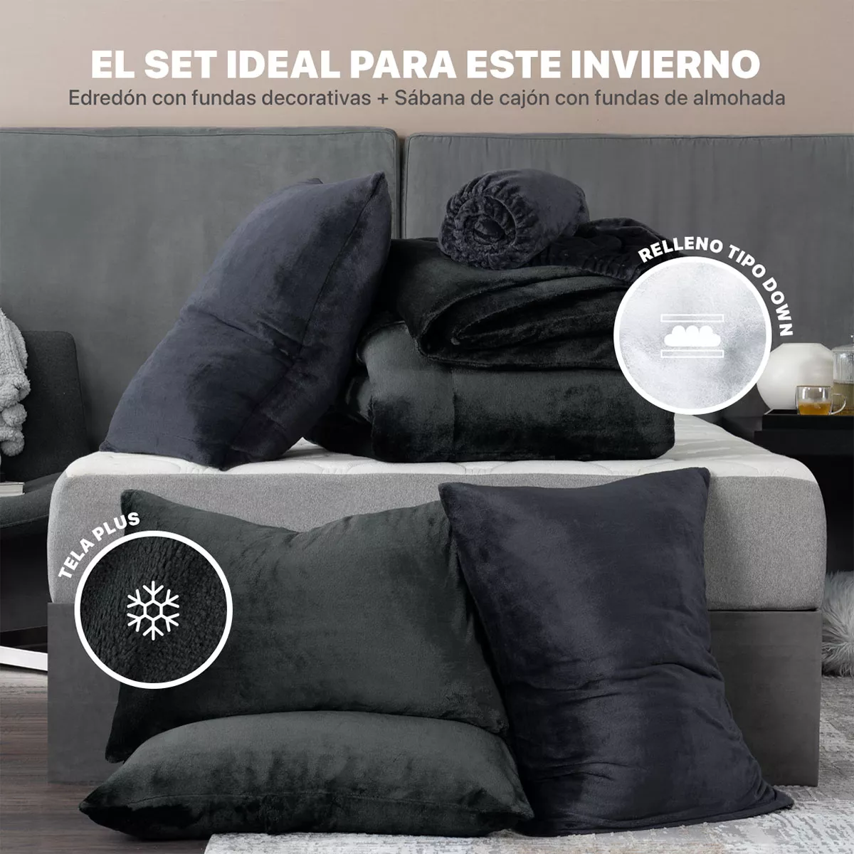 Set Edredón Invernal Matrimonial Esquimal + Fundas De Almohada + Sábana De Cajón, Negro-gris Oscuro.