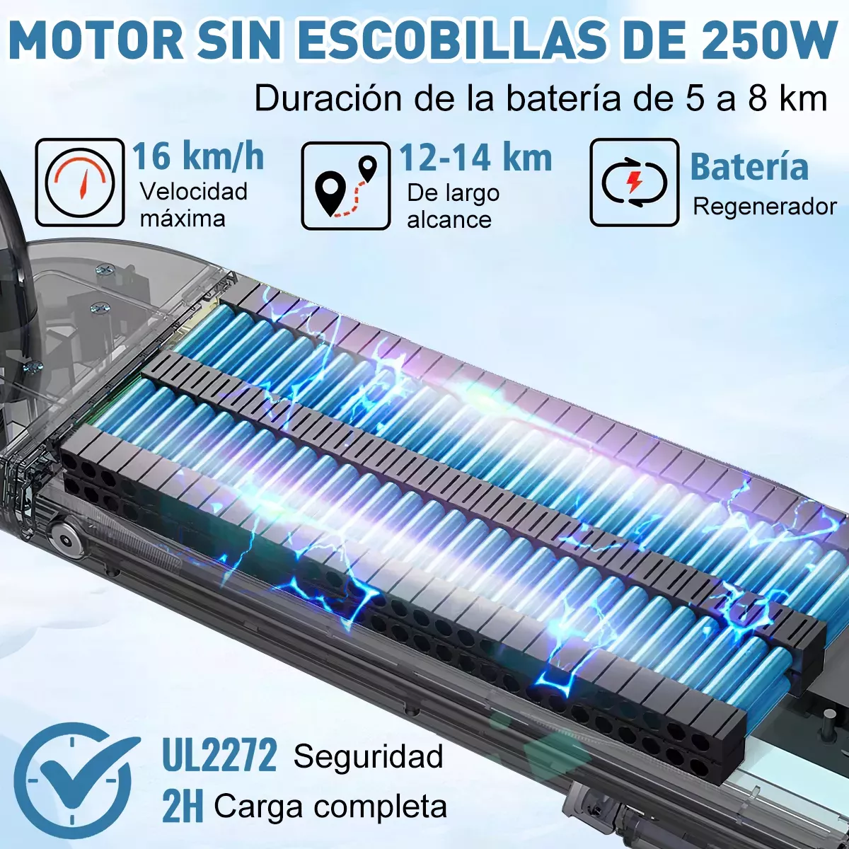 Scooter Patín Eléctrico Led 250w 16km/h 5.2ah Con Rodilleras