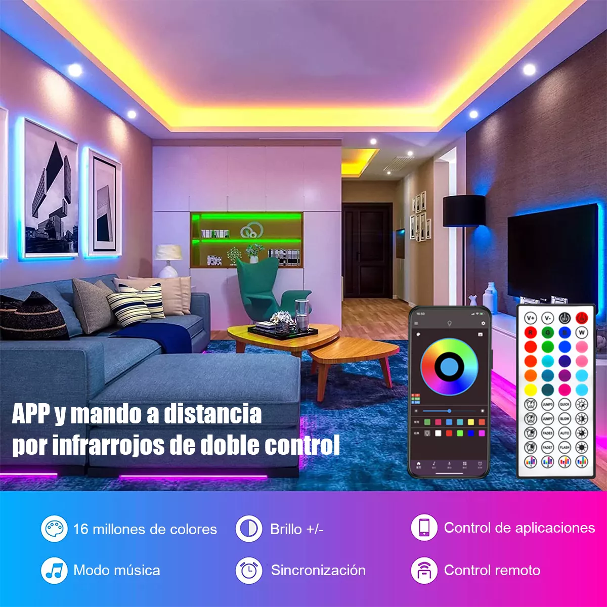 Dahan RGB 5050 Bluetooth LED Strip 30M control APP+44 teclas control remoto por infrarrojos, micrófono incorporado, sincronización de música, 16 millones de colores, adecuado para decoración del hogar