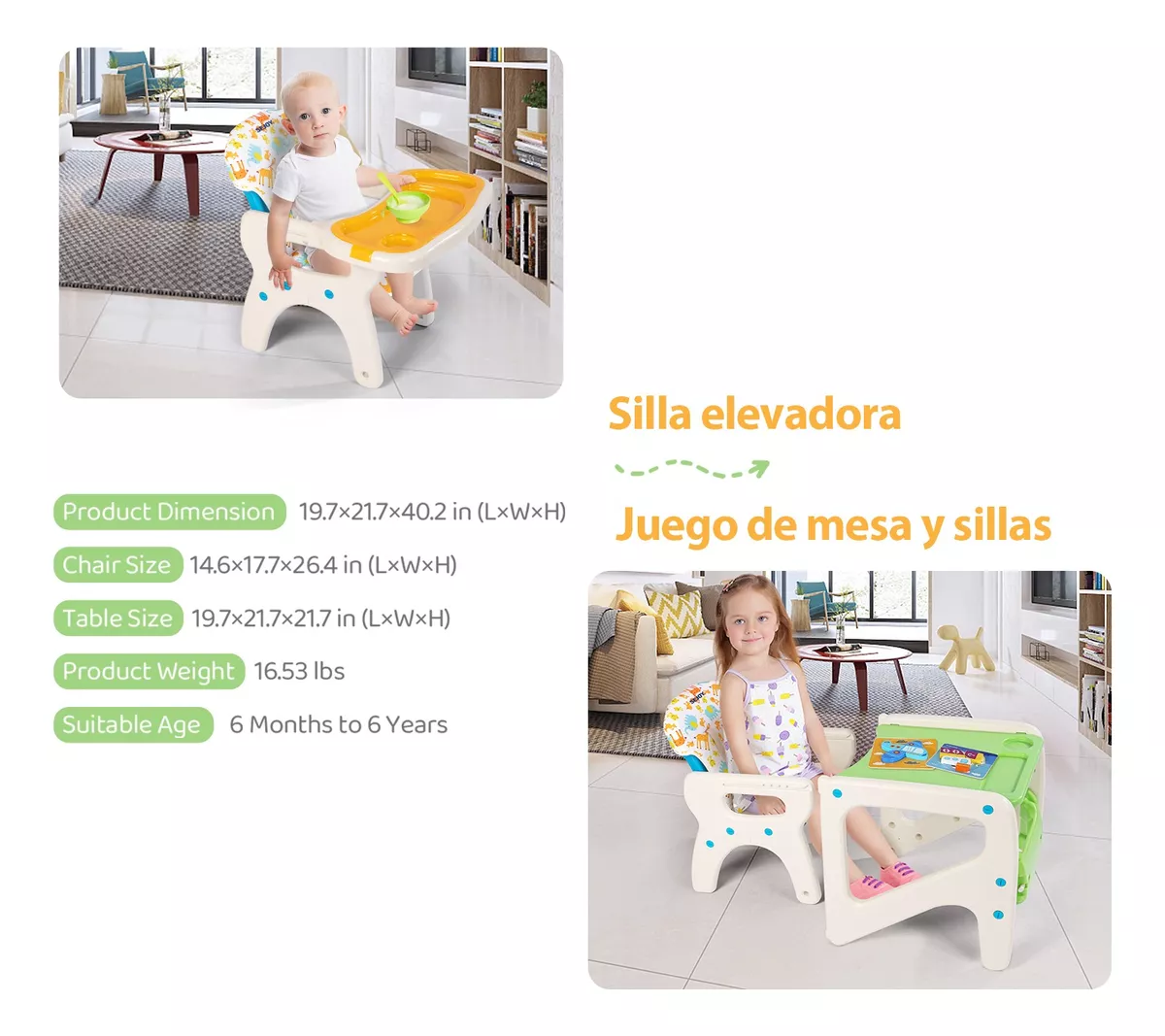 Sejoy Silla Comer Bebé Gy01-gree Plegable 3 En 1 Ajustable