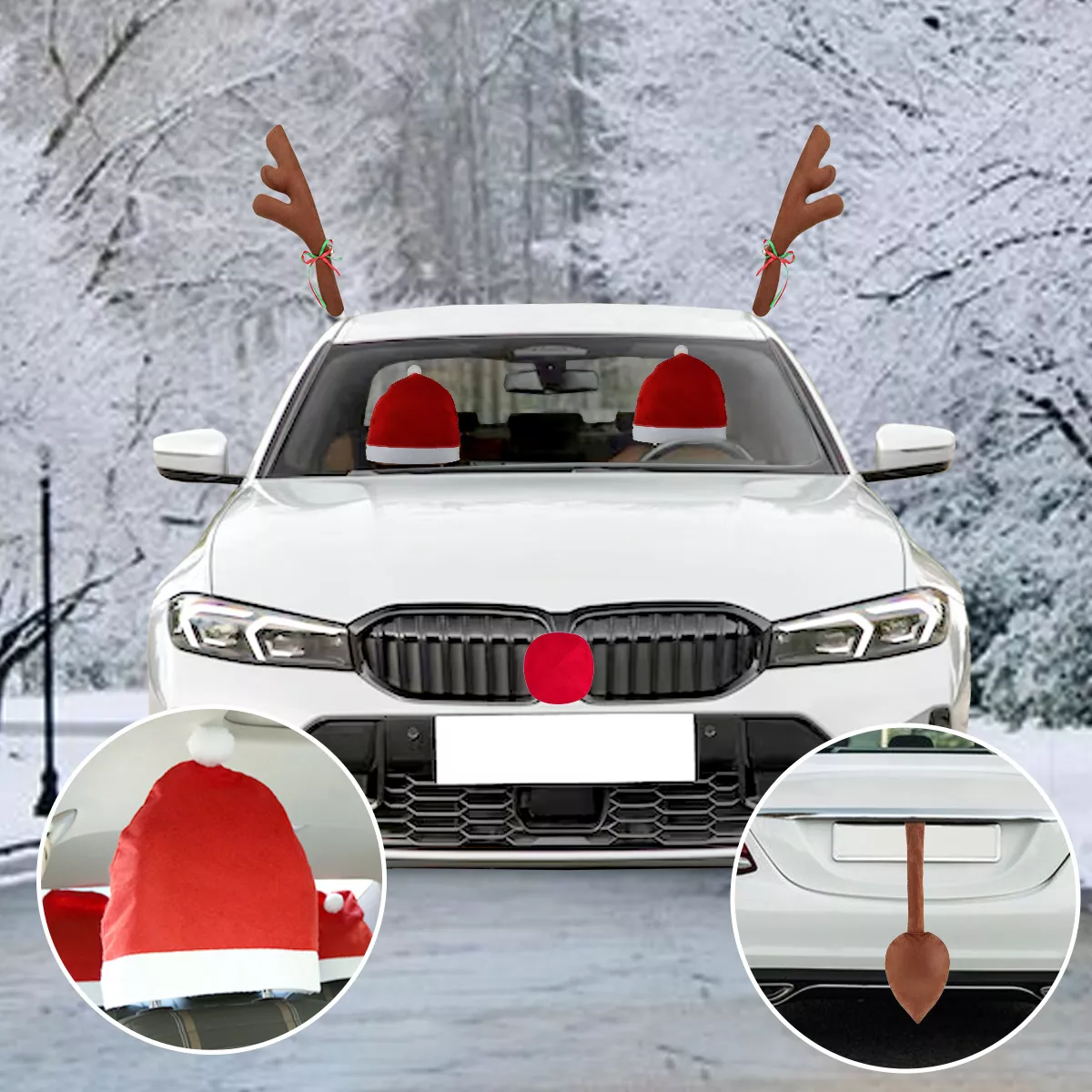 Kit De Renos Y Gorros De Papá Noel Decoración Navideña Coche
