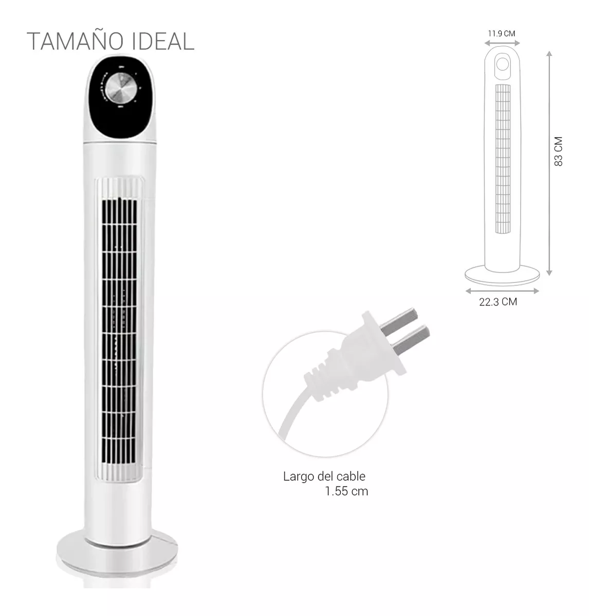 Ventilador De Torre Abanico Oscilante Silencioso Panel Estructura Blanco Diámetro 8.8 