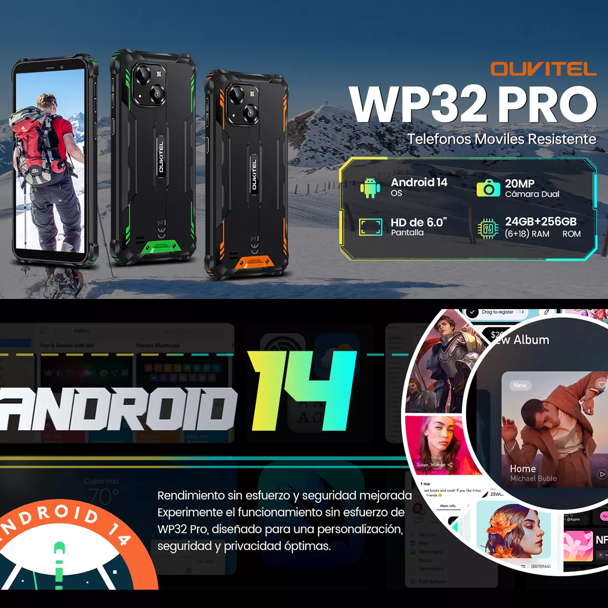 Celular Oukitel Wp32 Pro 24(6+18)gb Ram 256gb Rom Android 14 Smartphone Robusto 6300mah 6.0 Pulgadas Hd Celulares 4g Dual Sim/face Id/gps/nfc/otg