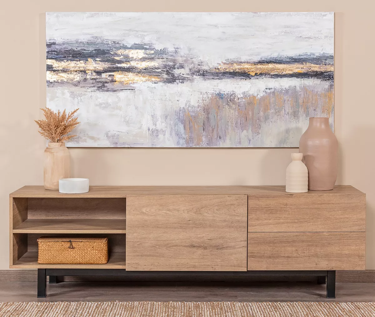 Mueble De Tv Minimalista Centro De Entretenimiento Moderno Color Avellana/Negro