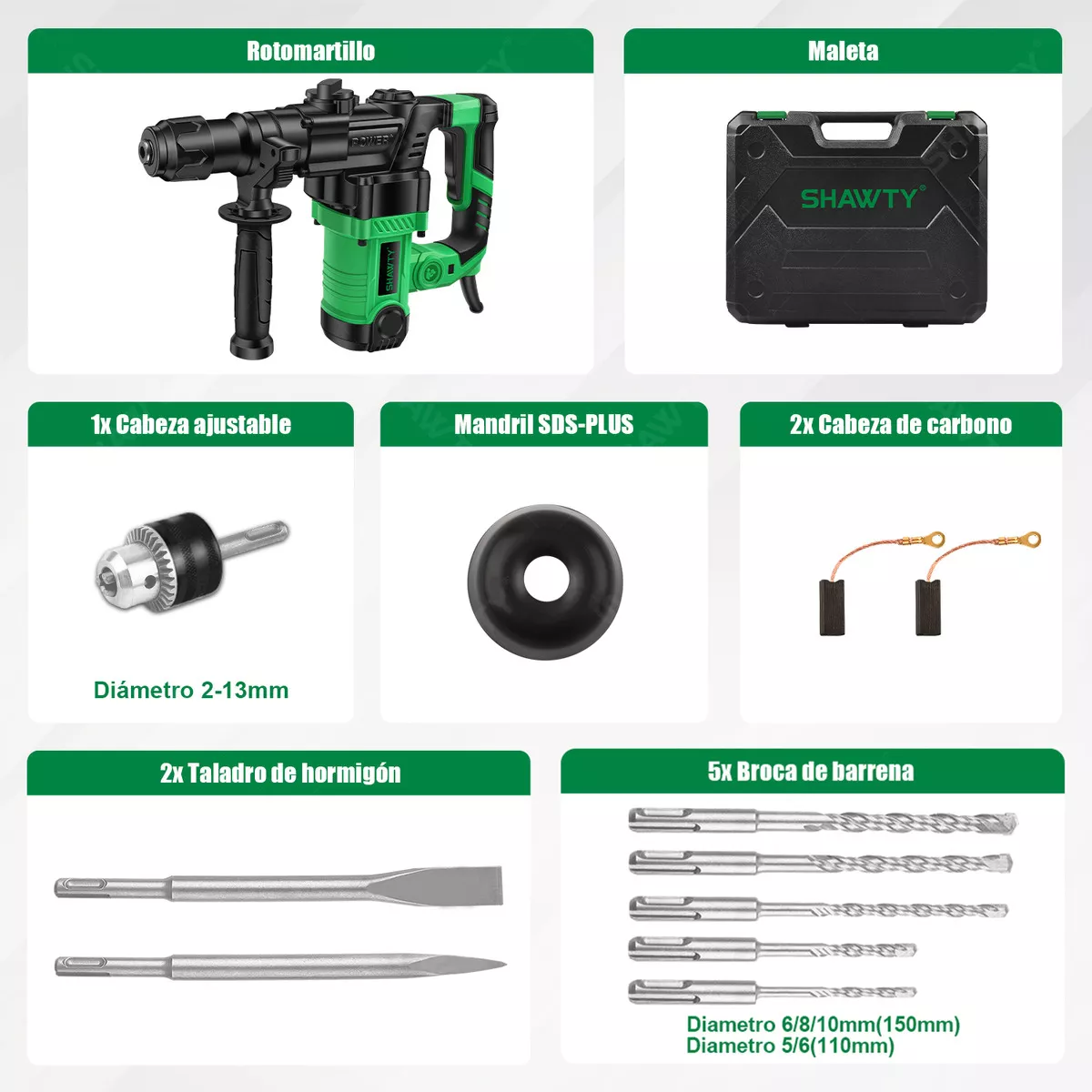 Rotomartillo Concelador Shawty Perforador Sds-plus 1600w Color Verde
