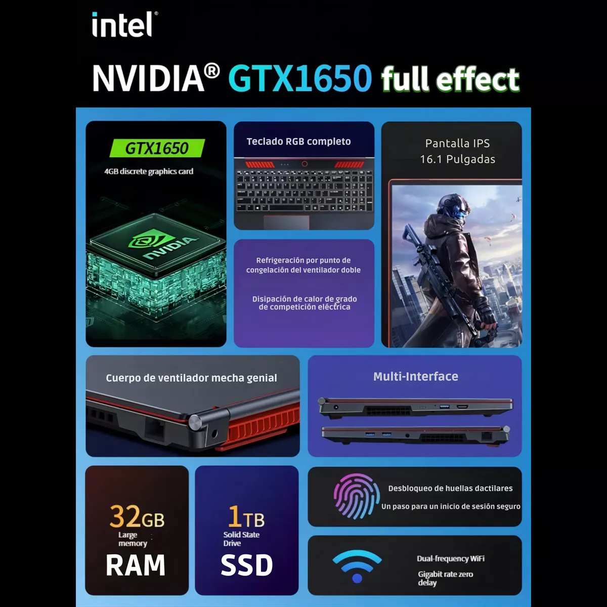 Laptop Gamer 16.1  Full Hd 32gb Ram 1tb Ssd Core I9 10885h Gtx 1650 Tarjeta Gráfica Nvidia Teclado Retroiluminado Rgb Windows 11 Home Usb-c, Usb-a Hdmi Wi-fi 6 Y Bluetooth