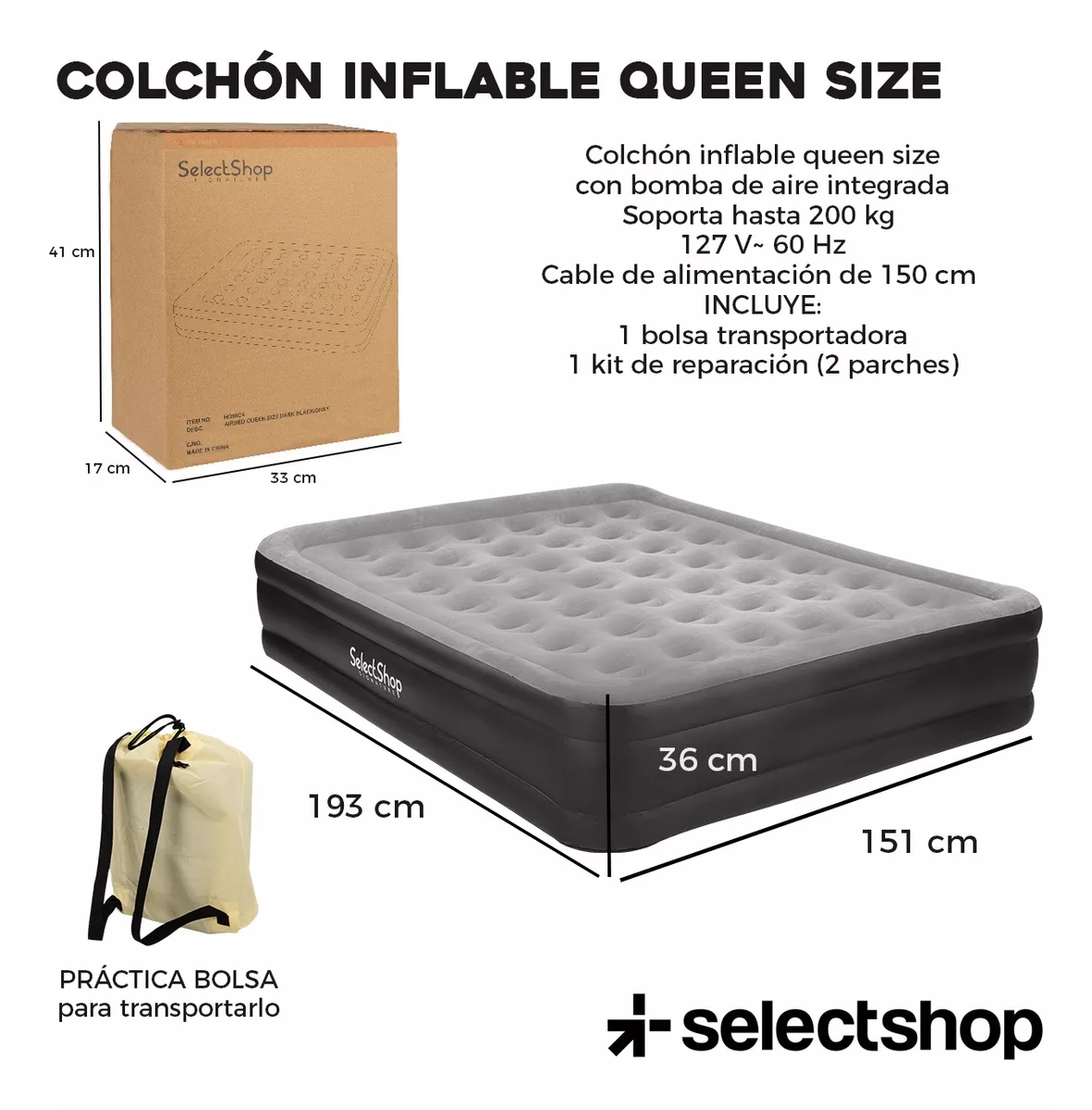 Colchón Inflable Queen Size + Bomba Inflable Cama Resistente