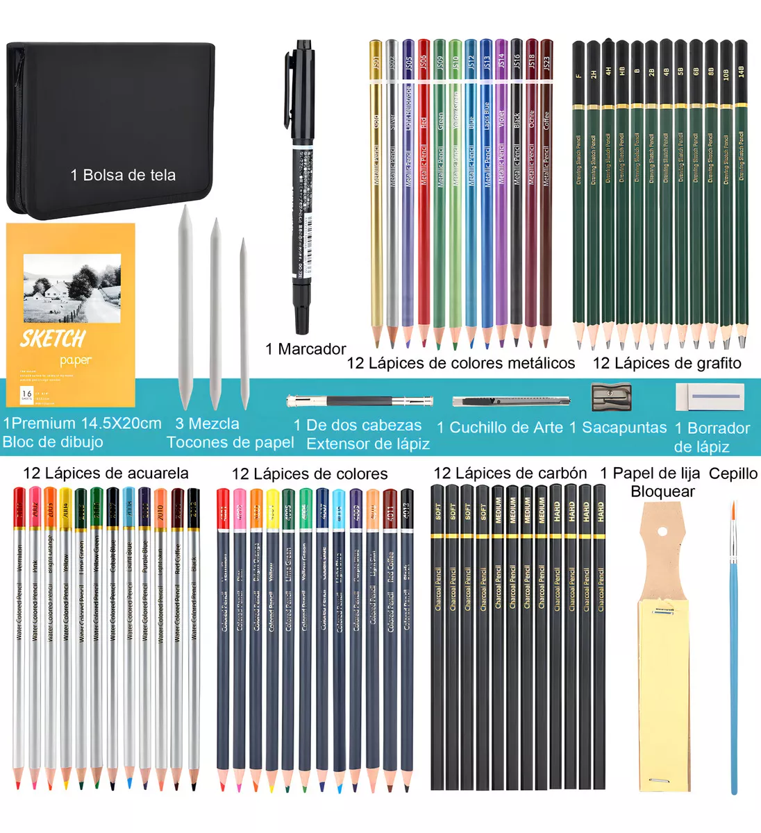 72 Piezas Kit de Lápices de Dibujo, Arte Dibujo Profesional para Colorear, Pintura y Boceto, Incluye Carboncillo, Bosquejo, Lápices de Colores, Libro de bocetos, Estuche Portátil y Más UNUNMX