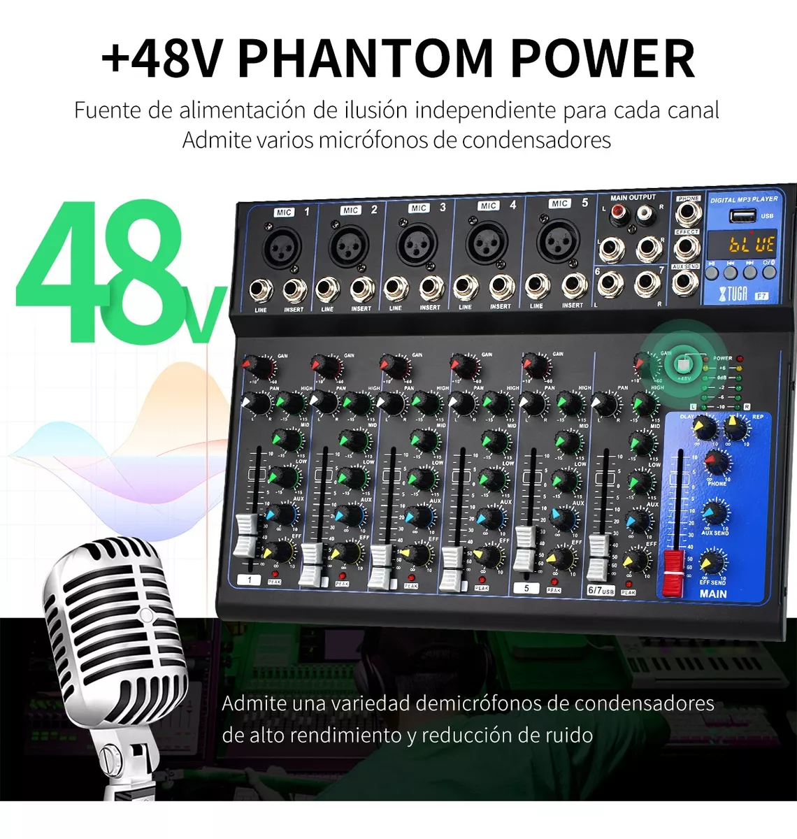 Xtuga 7 Canales Mezcladora Tarjeta Audio Bluetooth Effect F7