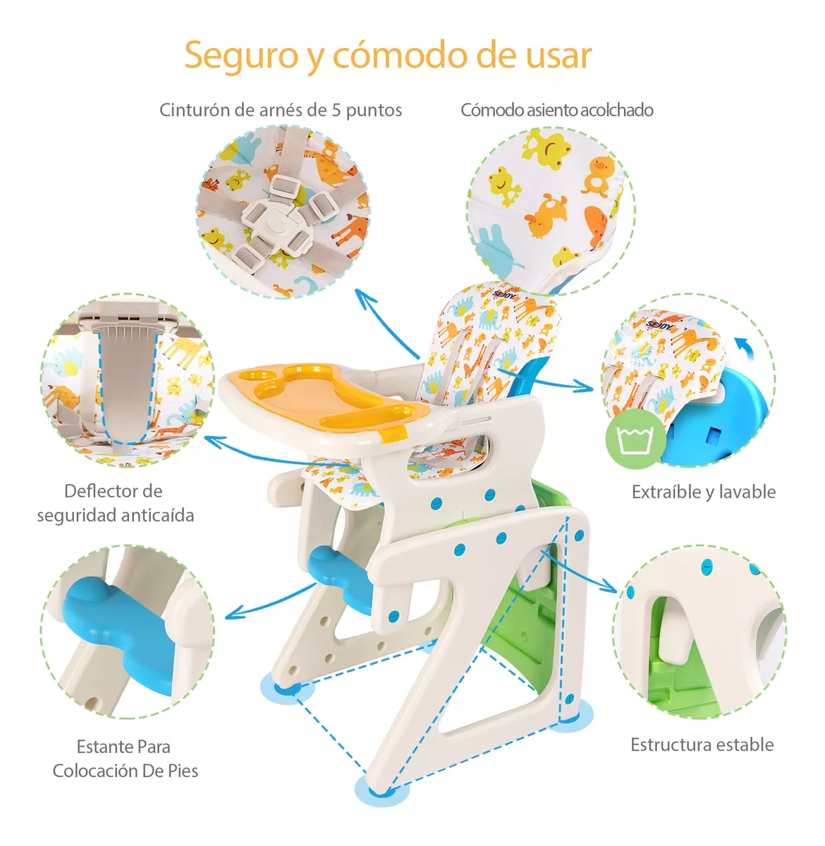 Sejoy Silla Comer Bebé Gy01-gree Plegable 3 En 1 Ajustable