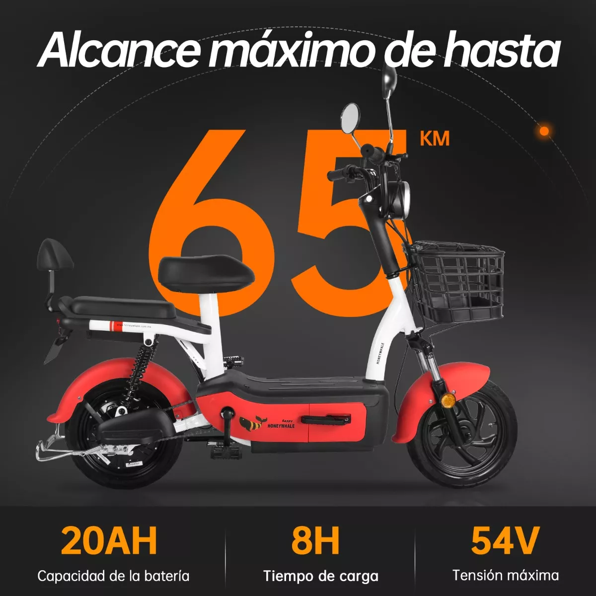 Bicicleta Electrica U1s Honey Whale 650w-Máxima del Motor 31km/h -Velocidad Máxima 65km-Autonomía Moto Bicimoto Eléctrica con Alarma Honeywhale