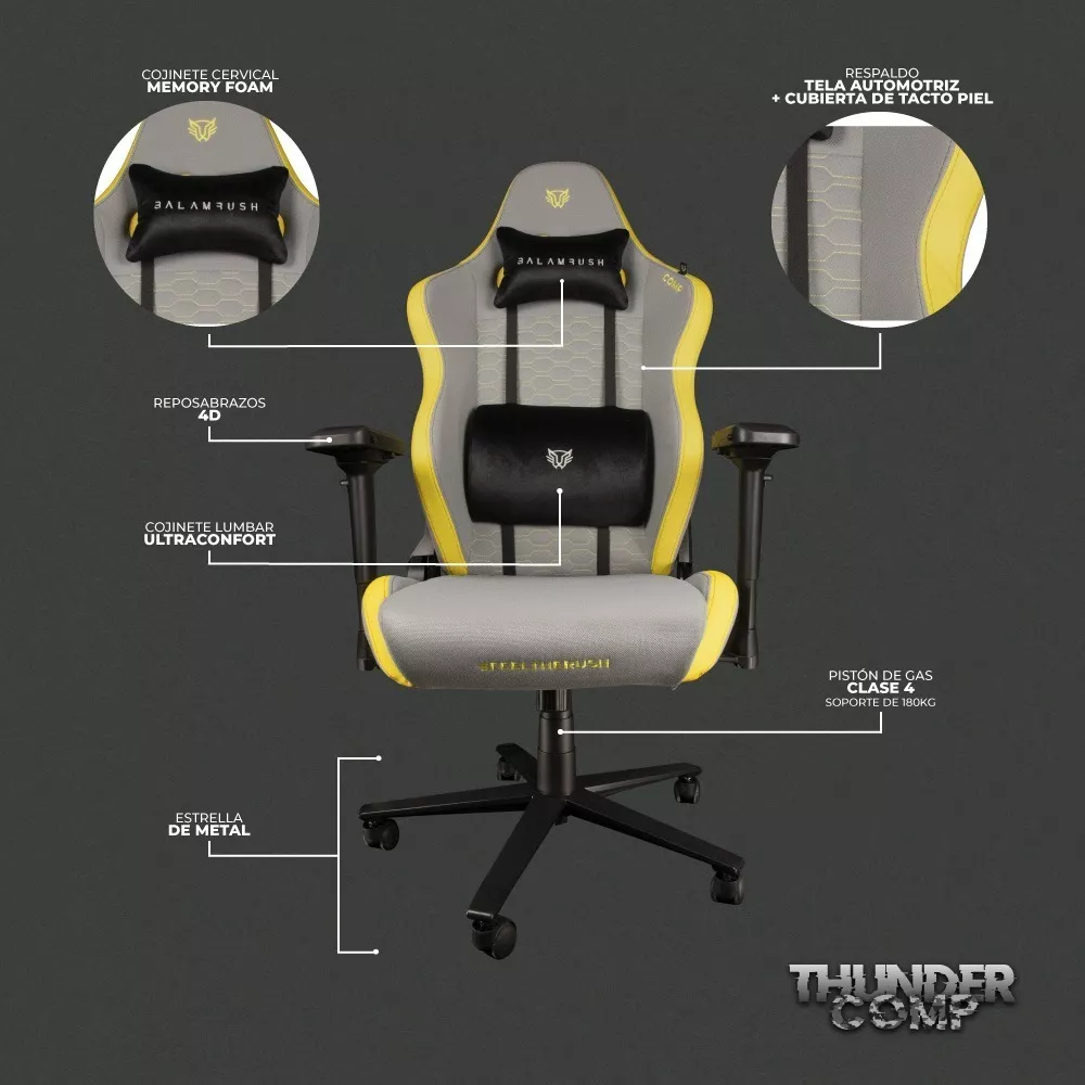 Silla de escritorio Balam Rush Thunder Comp gamer ergonómica  gris y amarilla y negra con tapizado de tela