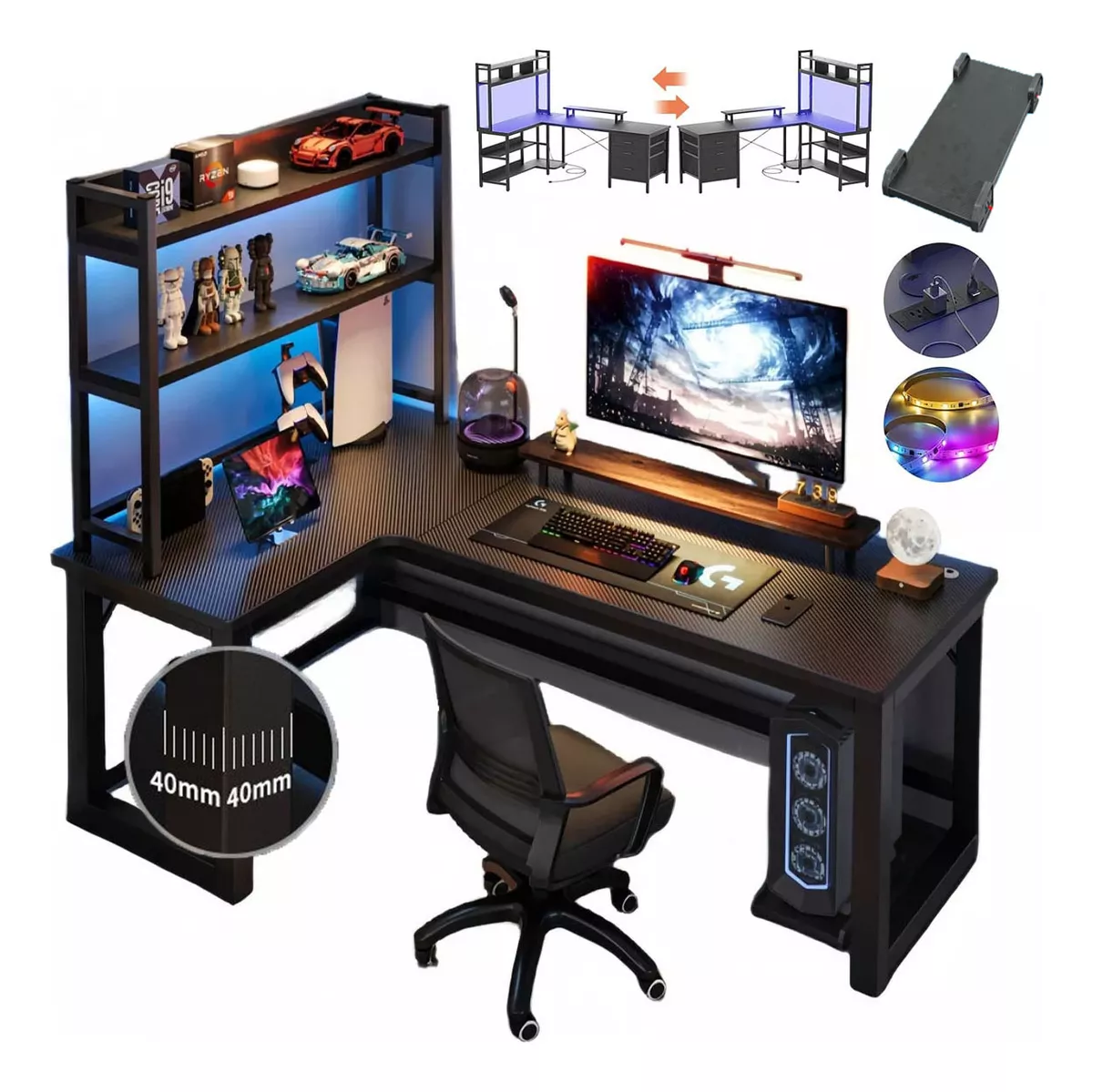 Mesa De Juego De Fibra De Carbono En Forma De L Con Enchufes