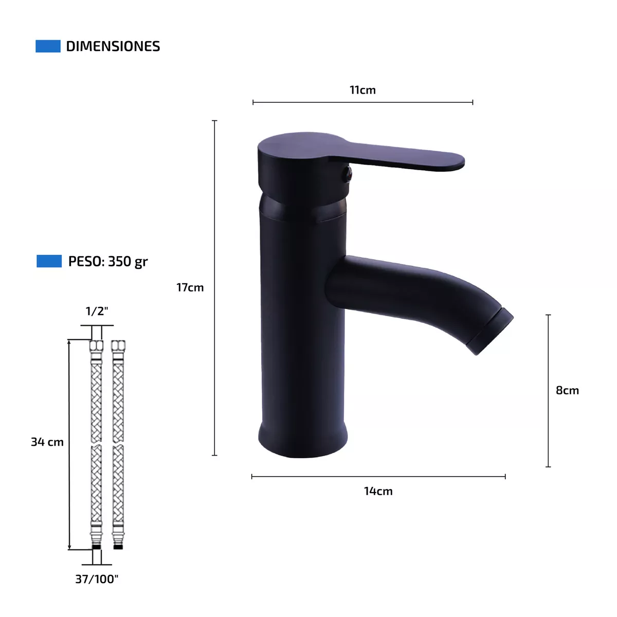 Llave Mezcladora Baja Monomando Para Lavabo Fregadero Grifo Negro Lavamanos Baño Femmto Negro
