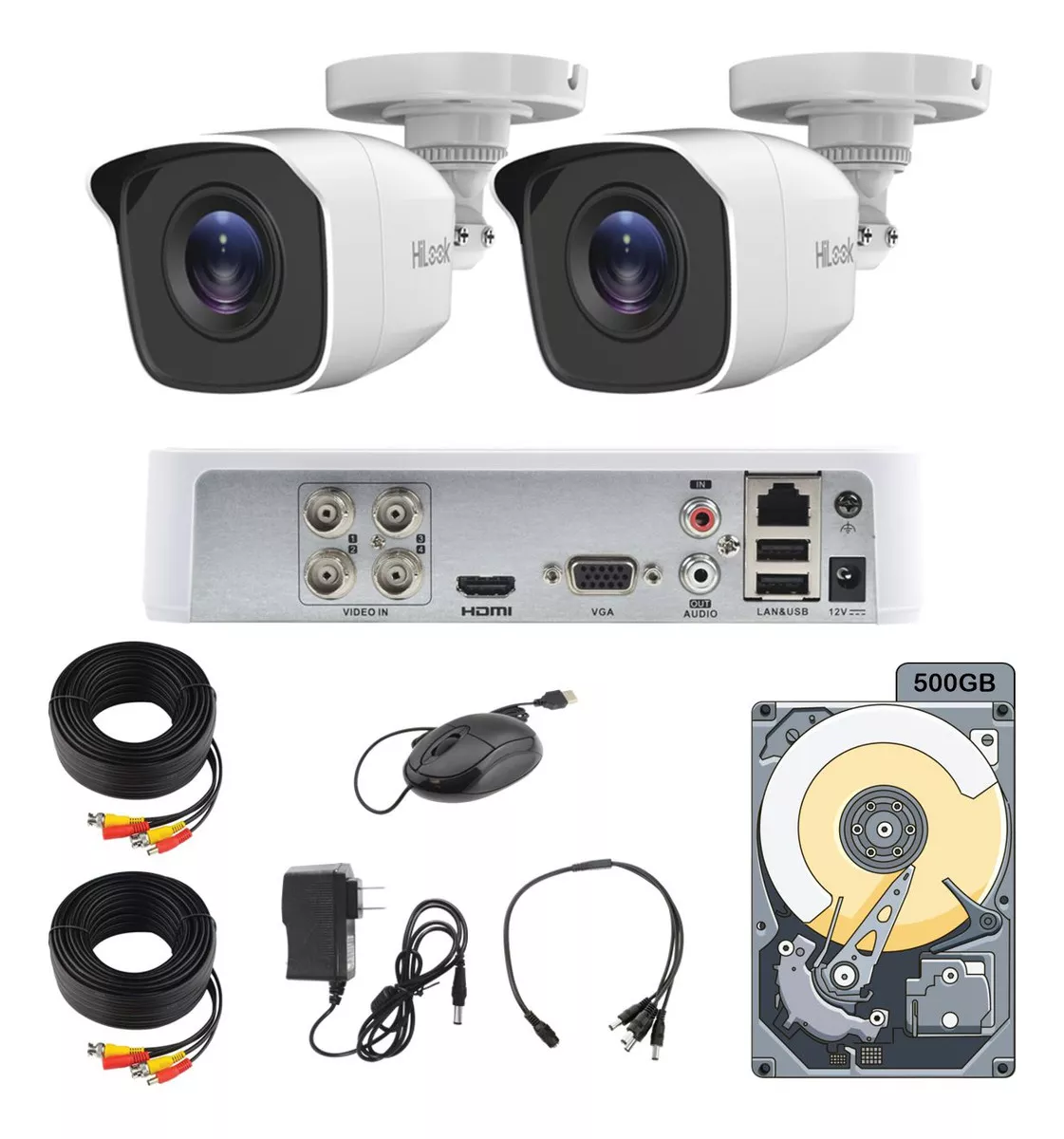 Kit Video Vigilancia 2 Cámaras 720p Cctv 500gb Hikvision HiLook HIK720KIT2 Color Blanco