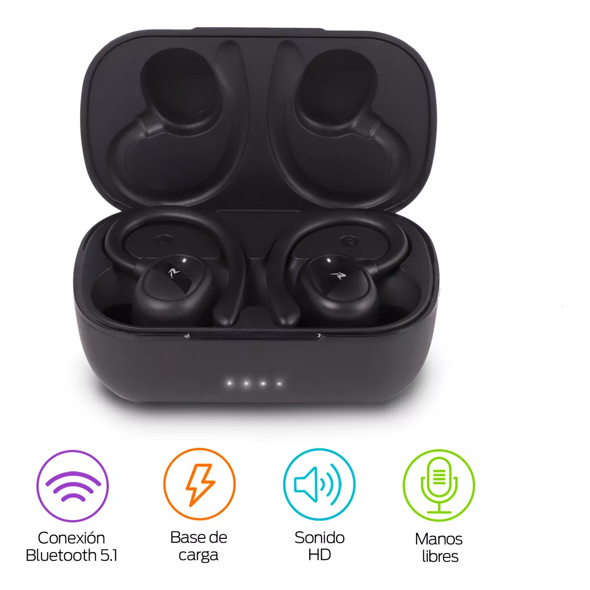 Audífonos Inalámbricos Sport In-Ear Bluetooth 5.1, Ganchos Ergonómicos Para Correr y Ejercicio, Resistentes al Agua IPX4, Base de Carga y Batería de Larga Duración, USB-C, Mod. Air-Sport 2