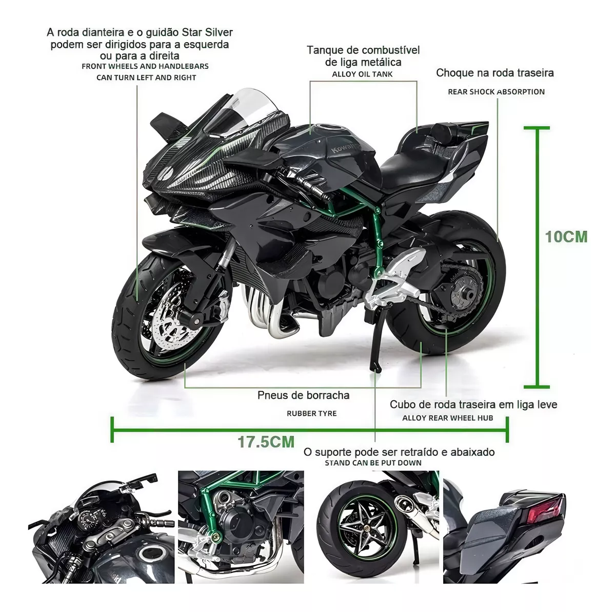 Motocicleta Kawasaki H2r De Metal En Miniatura 1:12 Color Negro