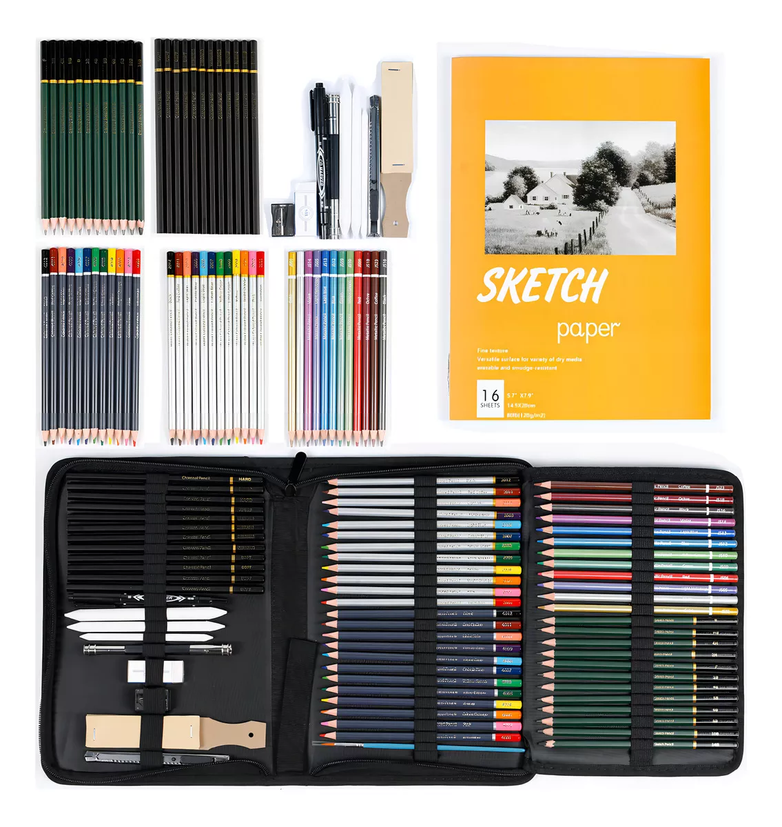 72 Piezas Kit de Lápices de Dibujo, Arte Dibujo Profesional para Colorear, Pintura y Boceto, Incluye Carboncillo, Bosquejo, Lápices de Colores, Libro de bocetos, Estuche Portátil y Más UNUNMX