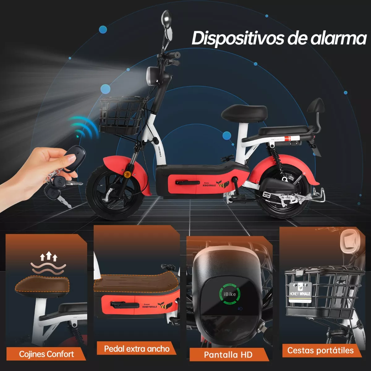 Bicicleta Electrica U1s Honey Whale 650w-Máxima del Motor 31km/h -Velocidad Máxima 65km-Autonomía Moto Bicimoto Eléctrica con Alarma Honeywhale