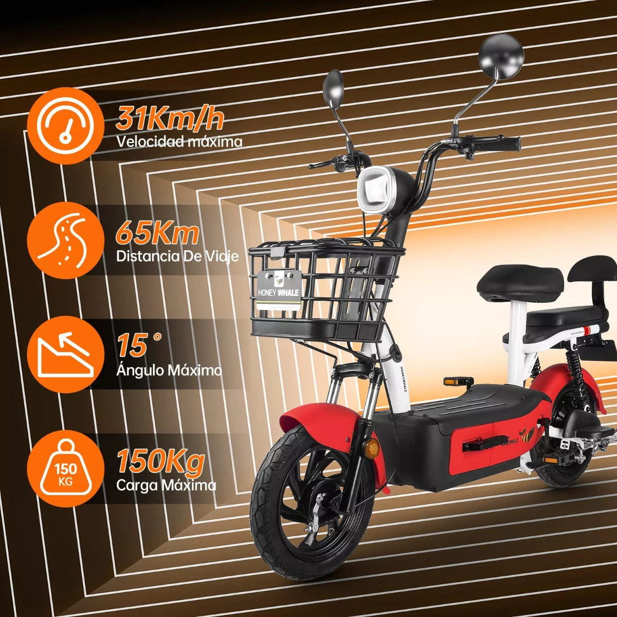 Bicicleta Electrica U1s Honey Whale 650w-Máxima del Motor 31km/h -Velocidad Máxima 65km-Autonomía Moto Bicimoto Eléctrica con Alarma Honeywhale
