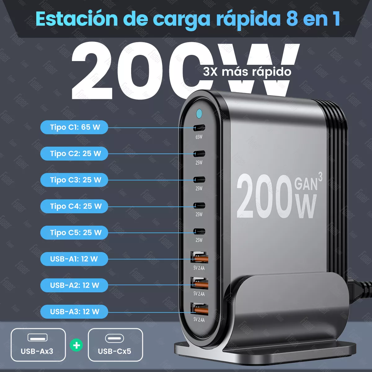 200w Cargador Carga Rápida 8 En 1 Con 2m Pd Usb Tipo C Cable