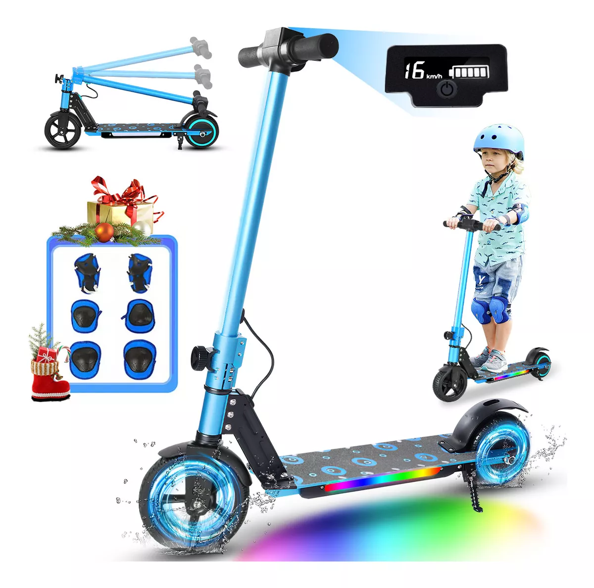 Scooter Patín Eléctrico Led 250w 16km/h 5.2ah Con Rodilleras