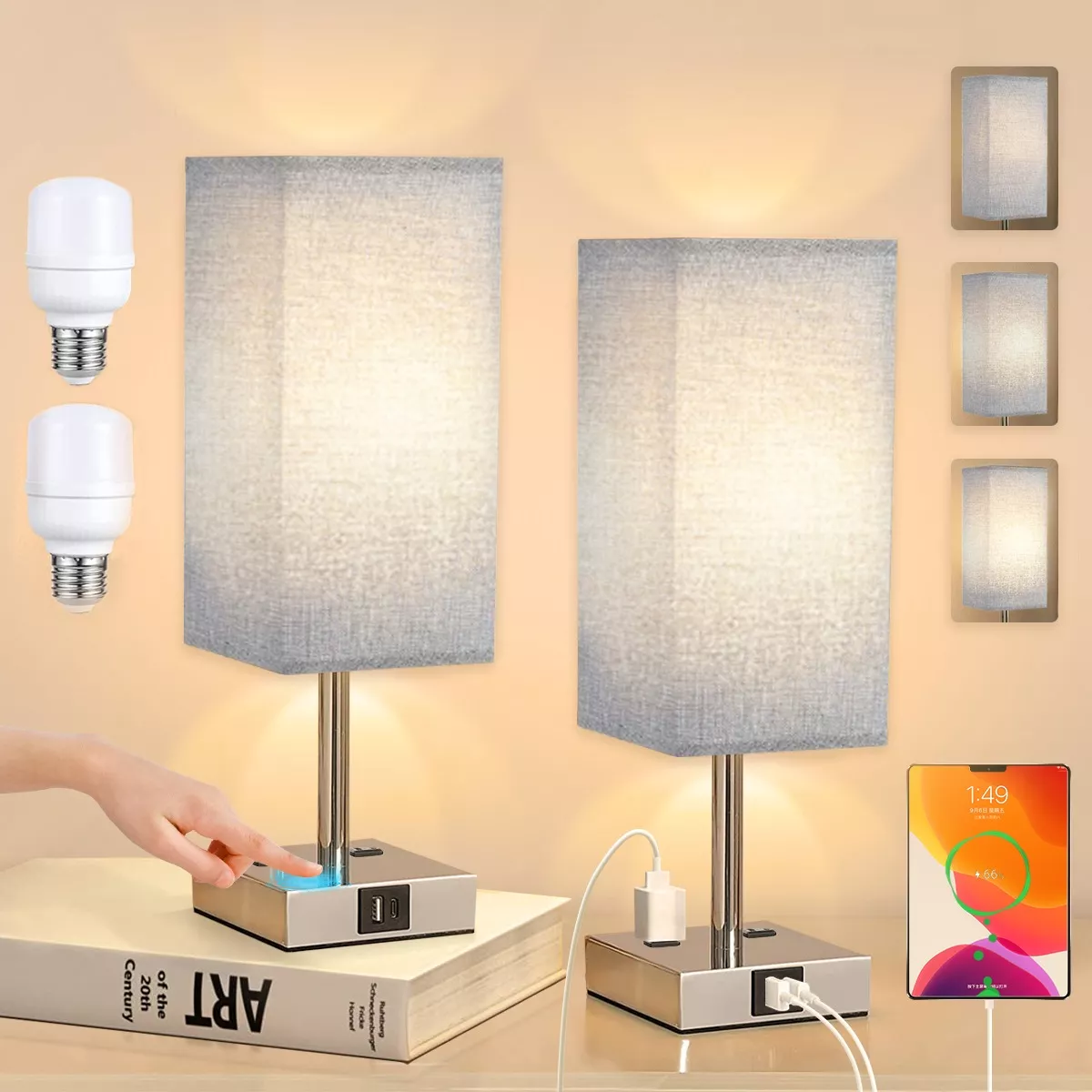 Usb A+c Touch Luz De Noche Lámpara De Mesa Y Enchufe Lámpara