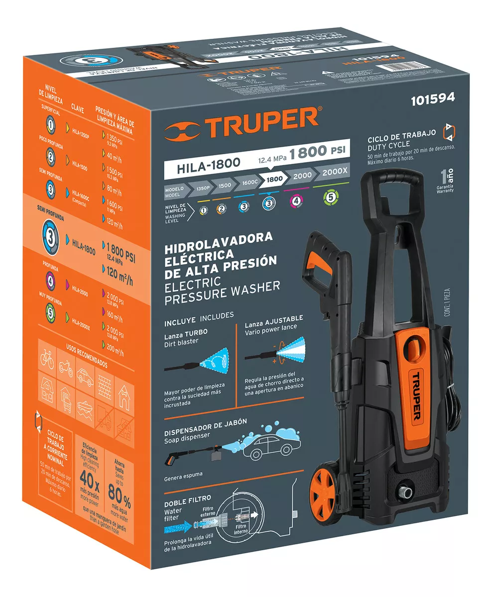 Hidrolavadora eléctrica Truper HILA-1800 de 1500 W 2HP con presión máxima de 1800psi