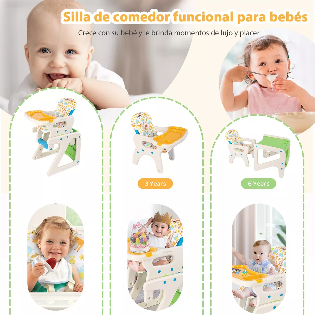 Sejoy Silla Comer Bebé Gy01-gree Plegable 3 En 1 Ajustable