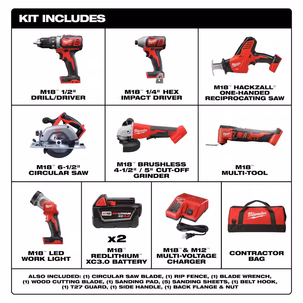Milwaukee M18 18-Volt Lithium-Ion Cordless Combo Kit 7-Tool with 2-Batteries, Charger and Tool Bag 2695-27SH