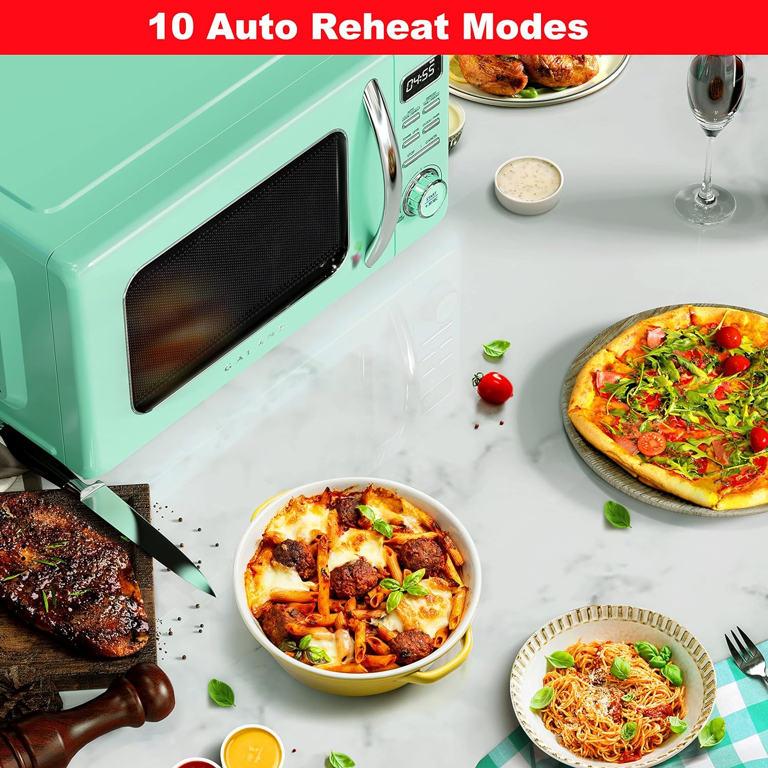 Horno de microondas retro para encimera con cocción automática y recalentamiento, descongelación, funciones de inicio rápido, fácil de limpiar con placa giratoria de vidrio,