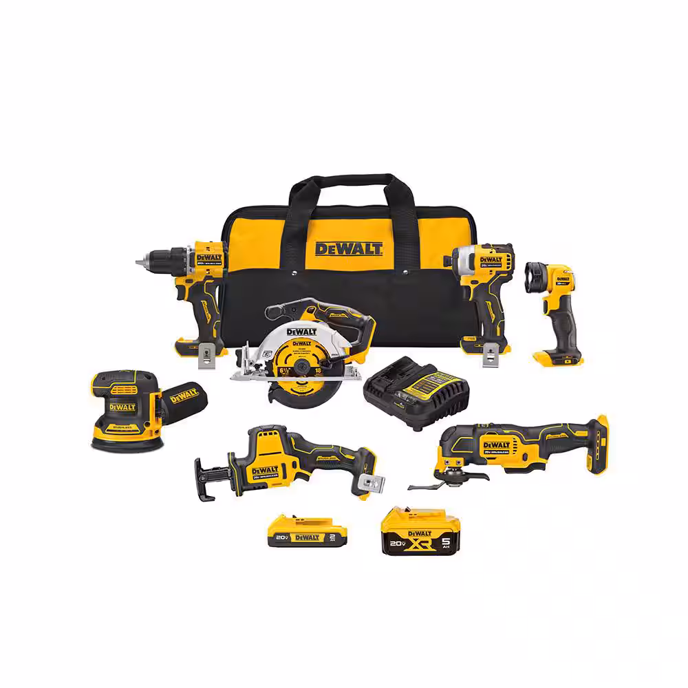 DEWALT 20-Volt MAX Lithium-Ion Cordless 7-Tool Combo Kit with 2.0 Ah Battery, 5.0 Ah Battery and Charger DCK700D1P1