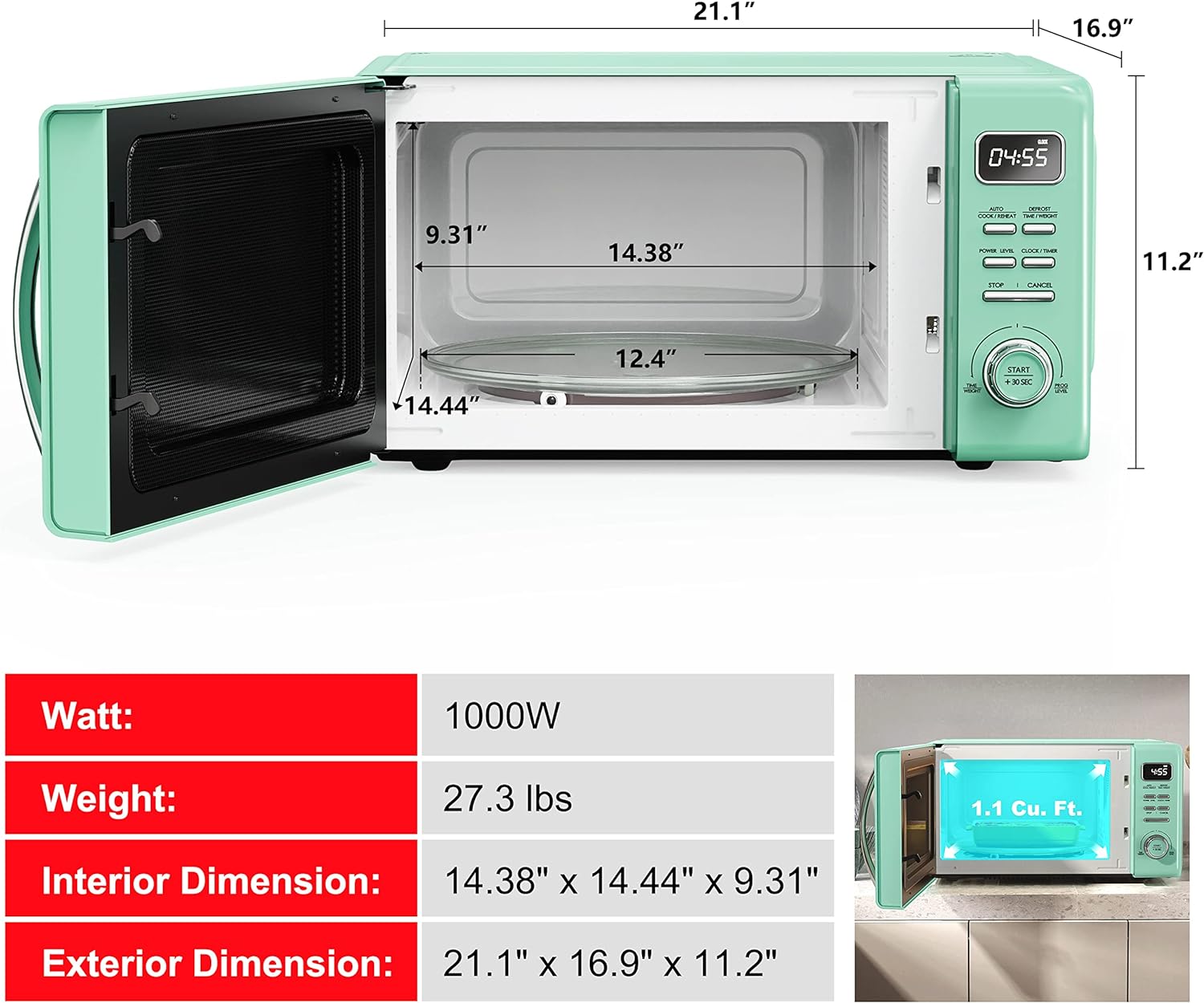 Horno de microondas retro para encimera con cocción automática y recalentamiento, descongelación, funciones de inicio rápido, fácil de limpiar con placa giratoria de vidrio,
