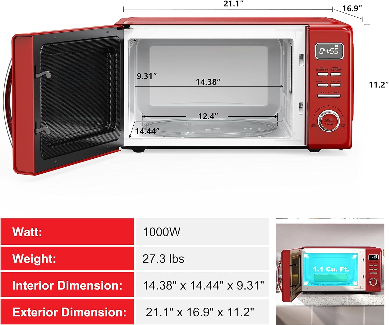 Horno de microondas retro para encimera con cocción automática y recalentamiento, descongelación, funciones de inicio rápido, fácil de limpiar con placa giratoria de vidrio,