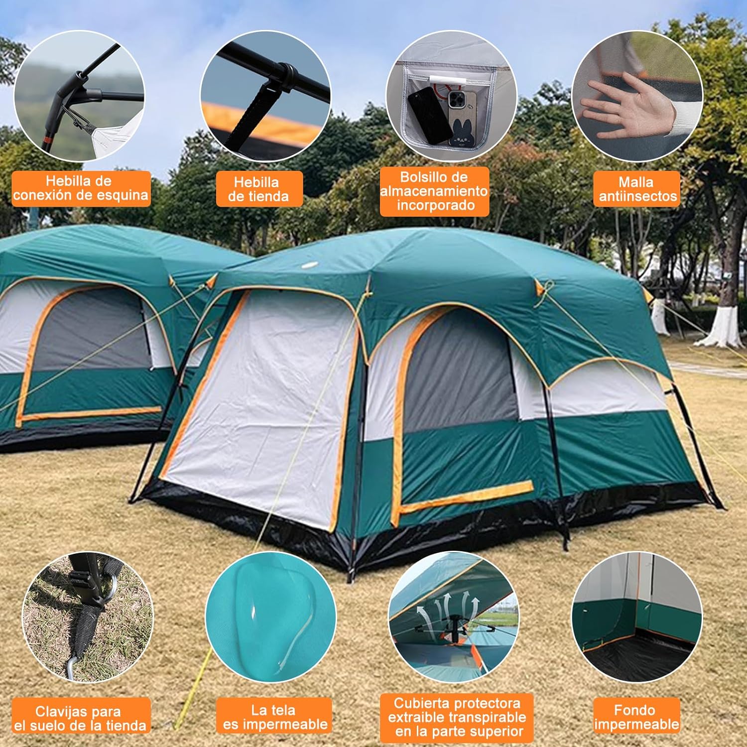 Dopwii Casa de Campaa Portátil,Tienda de Campaa para5~8 Personas,Tienda Familiar de Fácil Instalación,Tienda para Acampar Impermeable con Alfombra de Piso y Toldo de Puerta,Gran Ventilación-toallita mágica esponja