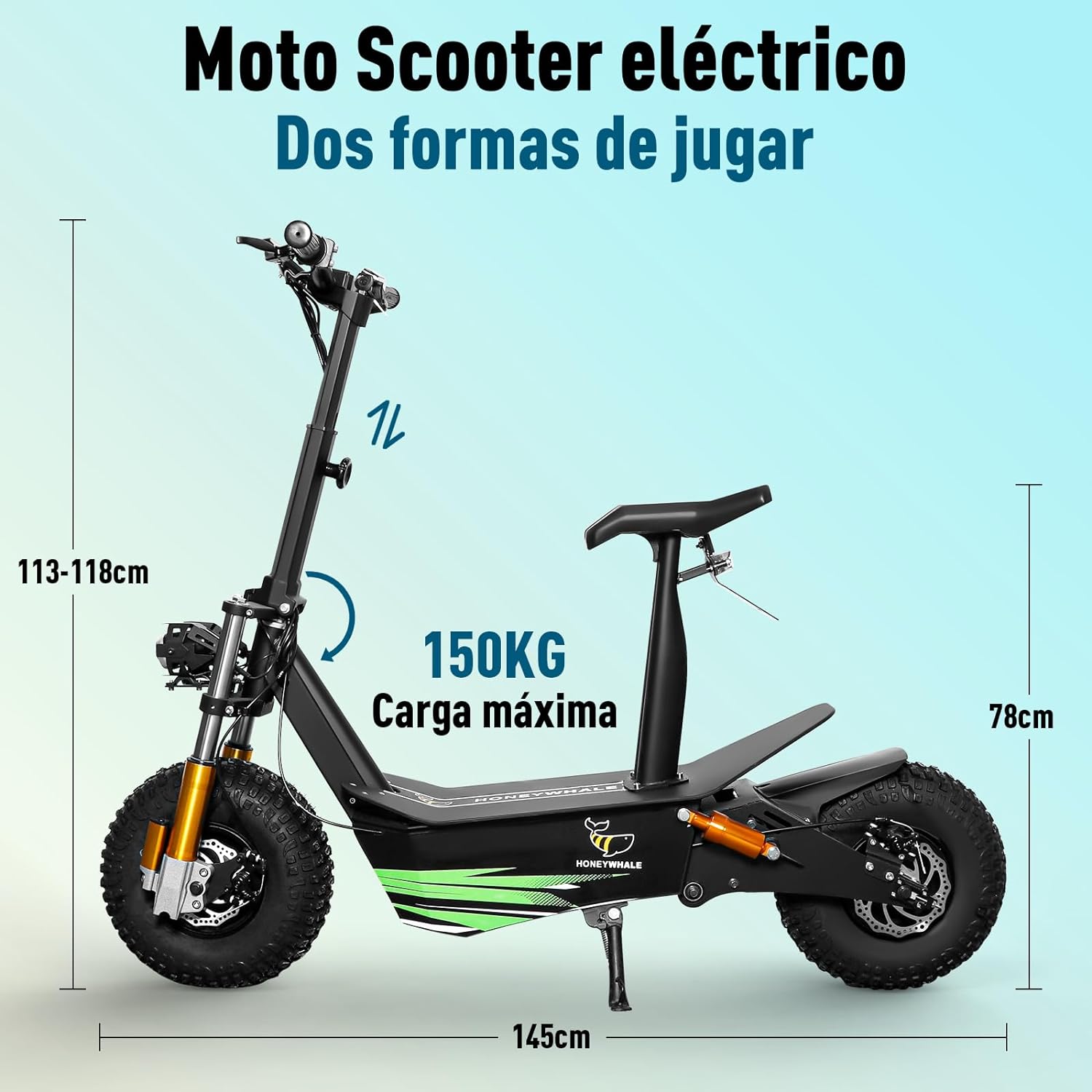 Discovery Moto Scooter Eléctrica para Adultos con Asiento, Patin Electrico Todoterreno con Motor de 3500W, Velocidad máxima 65KM/H, Batería de 20AH - 50KM de Autonomía