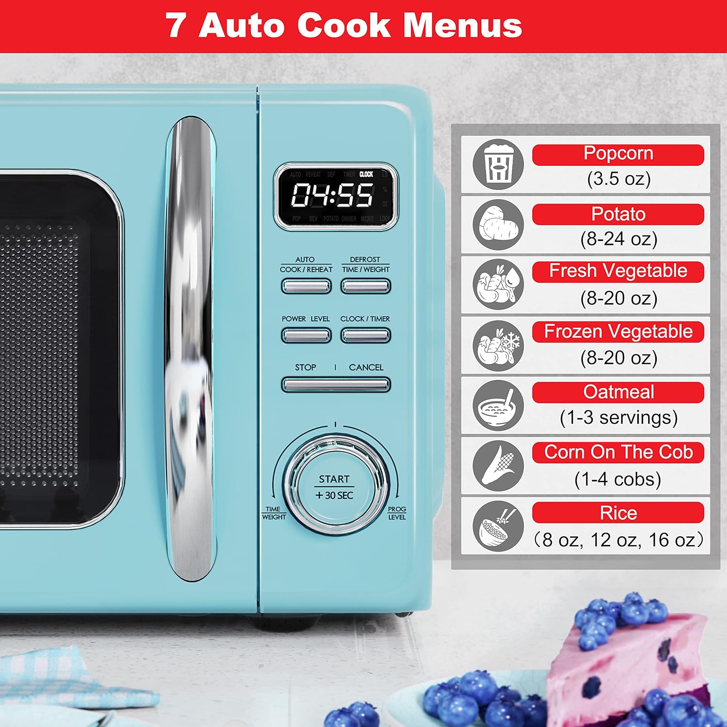 Horno de microondas retro para encimera con cocción automática y recalentamiento, descongelación, funciones de inicio rápido, fácil de limpiar con placa giratoria de vidrio,