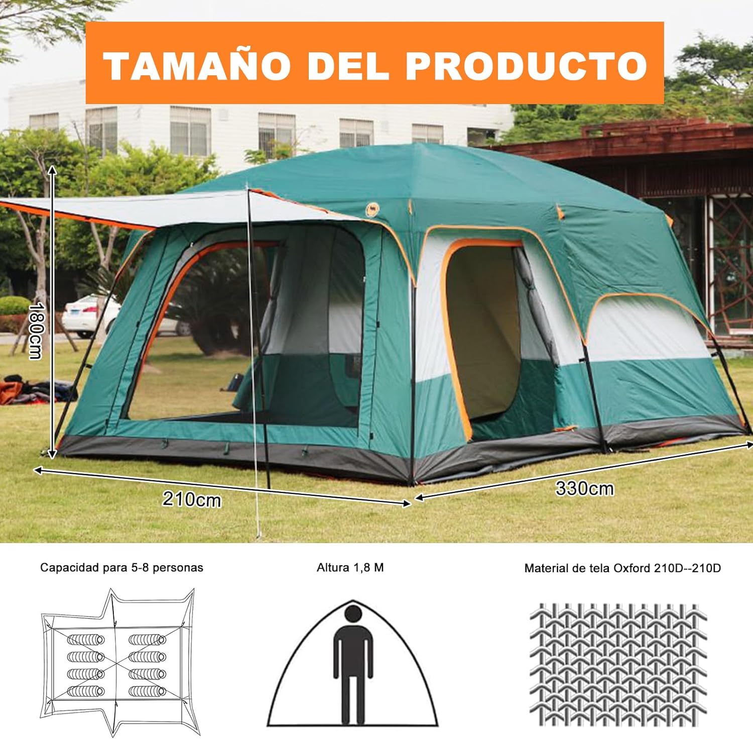 Dopwii Casa de Campaa Portátil,Tienda de Campaa para5~8 Personas,Tienda Familiar de Fácil Instalación,Tienda para Acampar Impermeable con Alfombra de Piso y Toldo de Puerta,Gran Ventilación-toallita mágica esponja