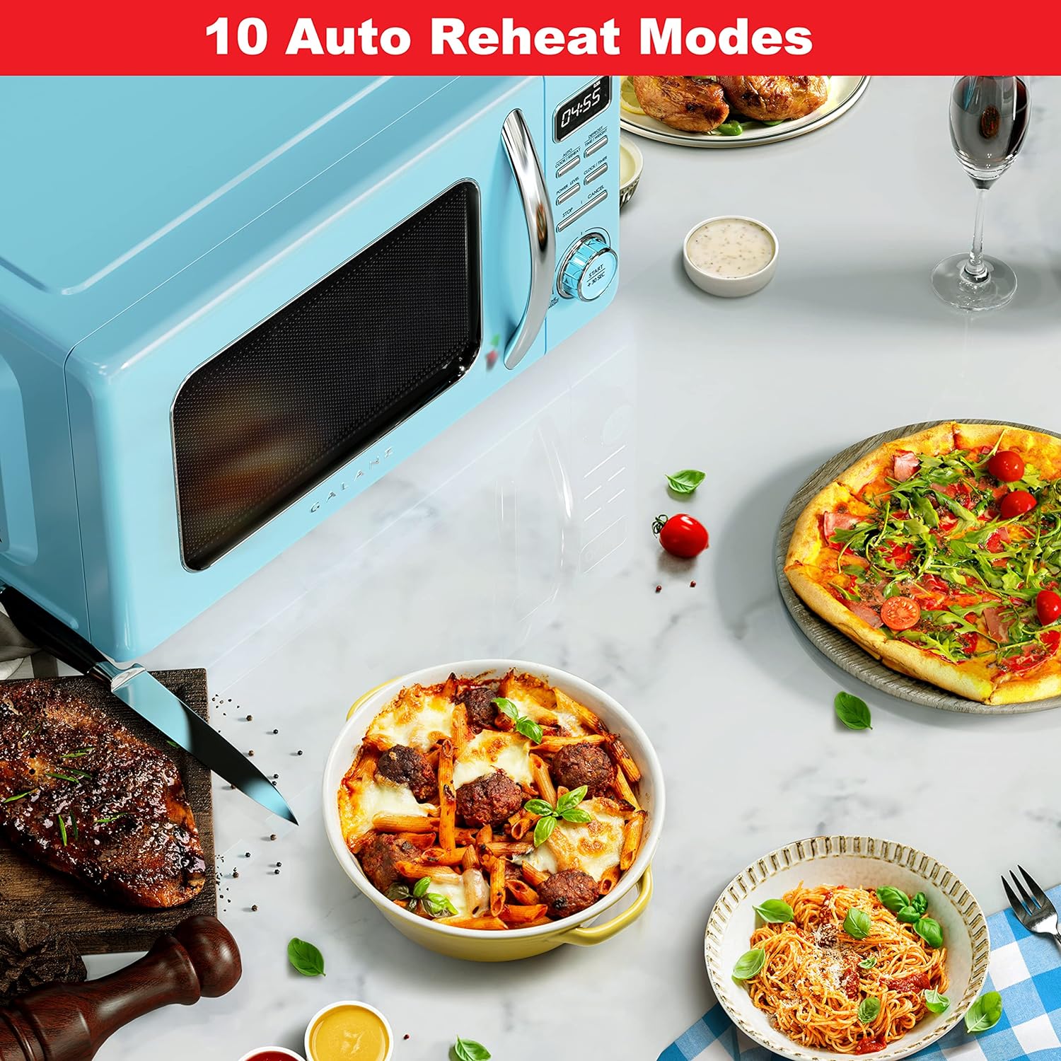 Horno de microondas retro para encimera con cocción automática y recalentamiento, descongelación, funciones de inicio rápido, fácil de limpiar con placa giratoria de vidrio,