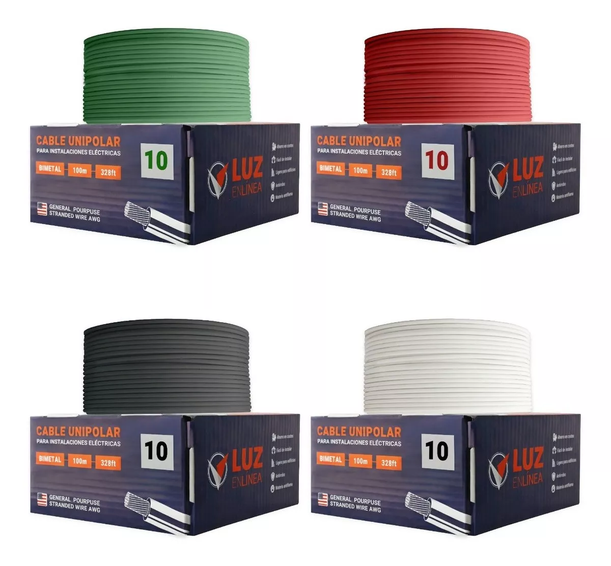Pack: 4 Cajas Cable Eléctrico Calibre 10 De 100m Cada Caja Cubierta Opción De Colores