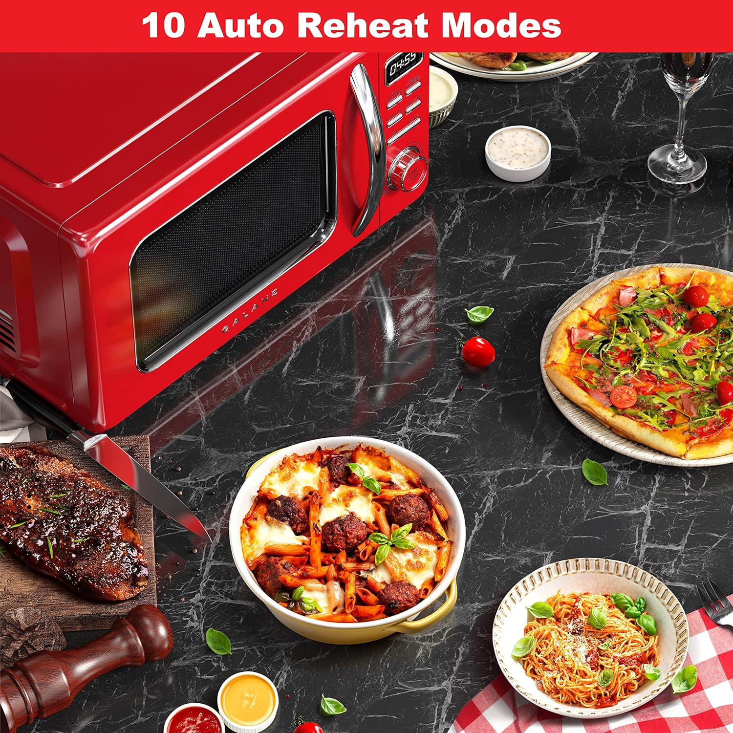 Horno de microondas retro para encimera con cocción automática y recalentamiento, descongelación, funciones de inicio rápido, fácil de limpiar con placa giratoria de vidrio,