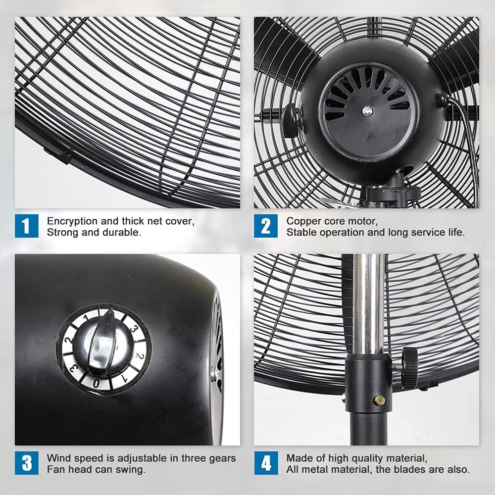 Ventiladores de pedestal industriales, ventilador oscilante comercial fabricado con estructura y aspa de metal resistente, ajuste de altura, control de 3 velocidades adecuado para almacén, taller, garaje y espacio de trabajo (30 '')